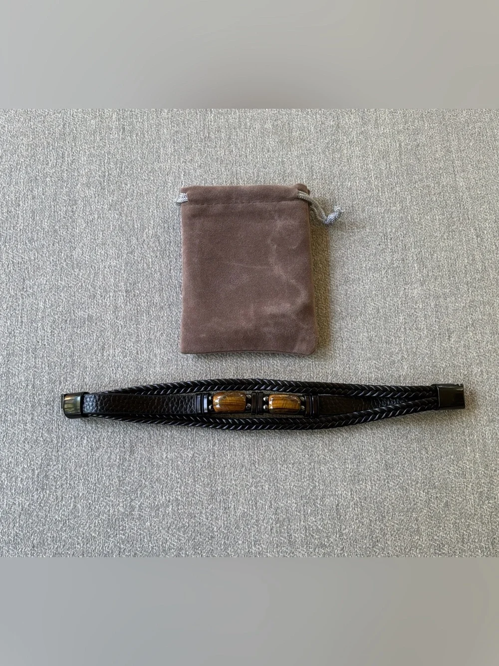 Men's Black Leather Bracelet with Brown Stone charm and Magnetic Clasp